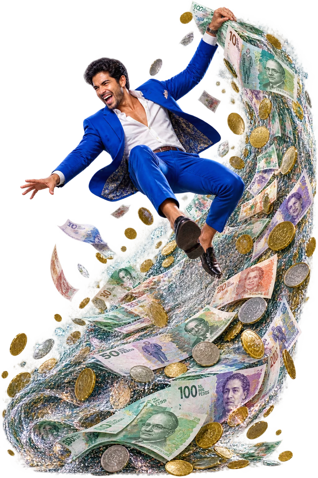 Empresario cabalgando una ola de billetes y monedas